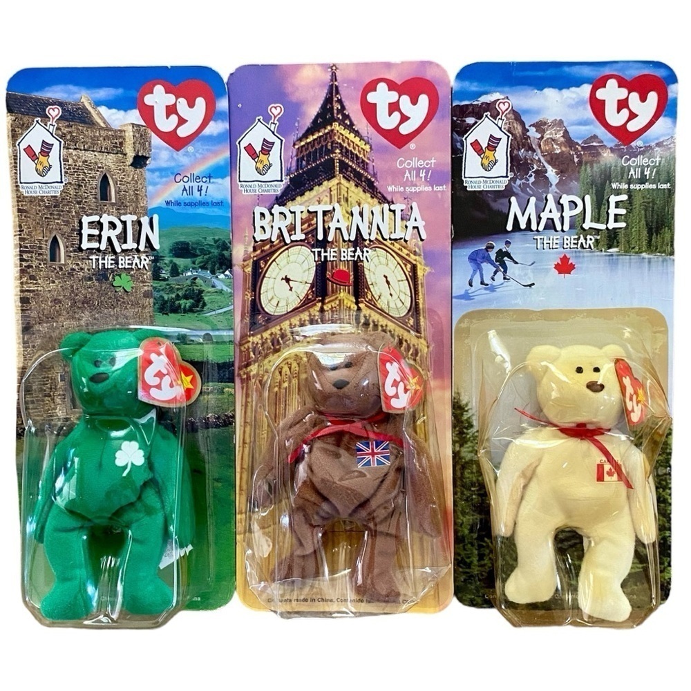 BEANIE BABIES McDonald’s House Collector Bears Green Brown Cream Set of 3